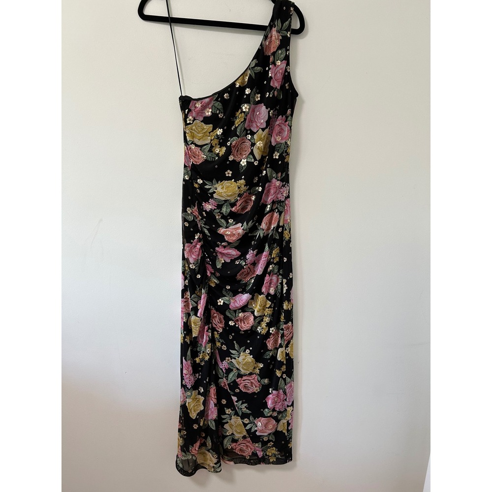 Dress Forum Floral Mesh Gold Foil One Shoulder Midi Dress Black Pink Small NEW